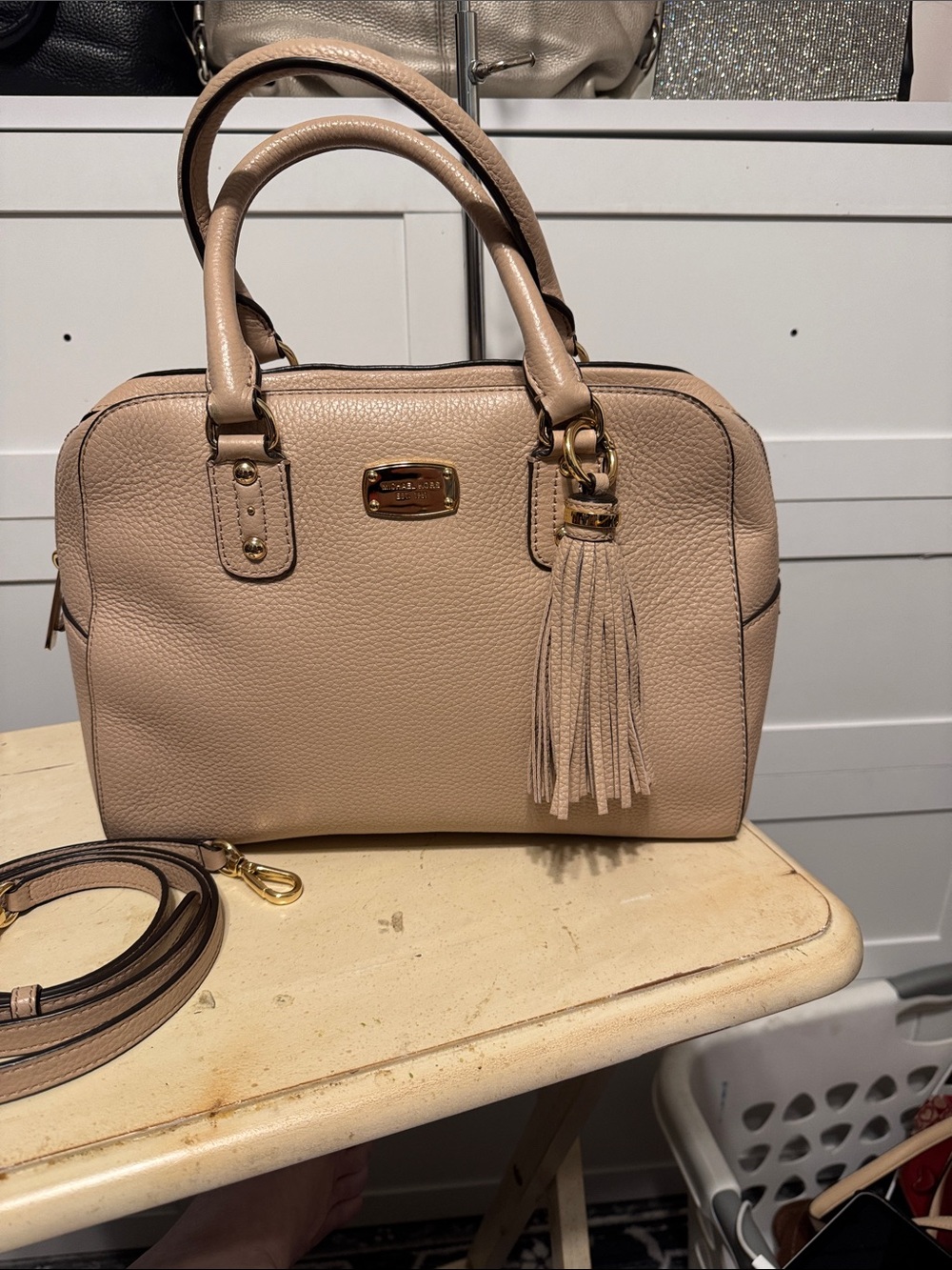 Michael Kors Cindy Dome Medium Nude Pink Pebbled Leather Satchel with Tassel